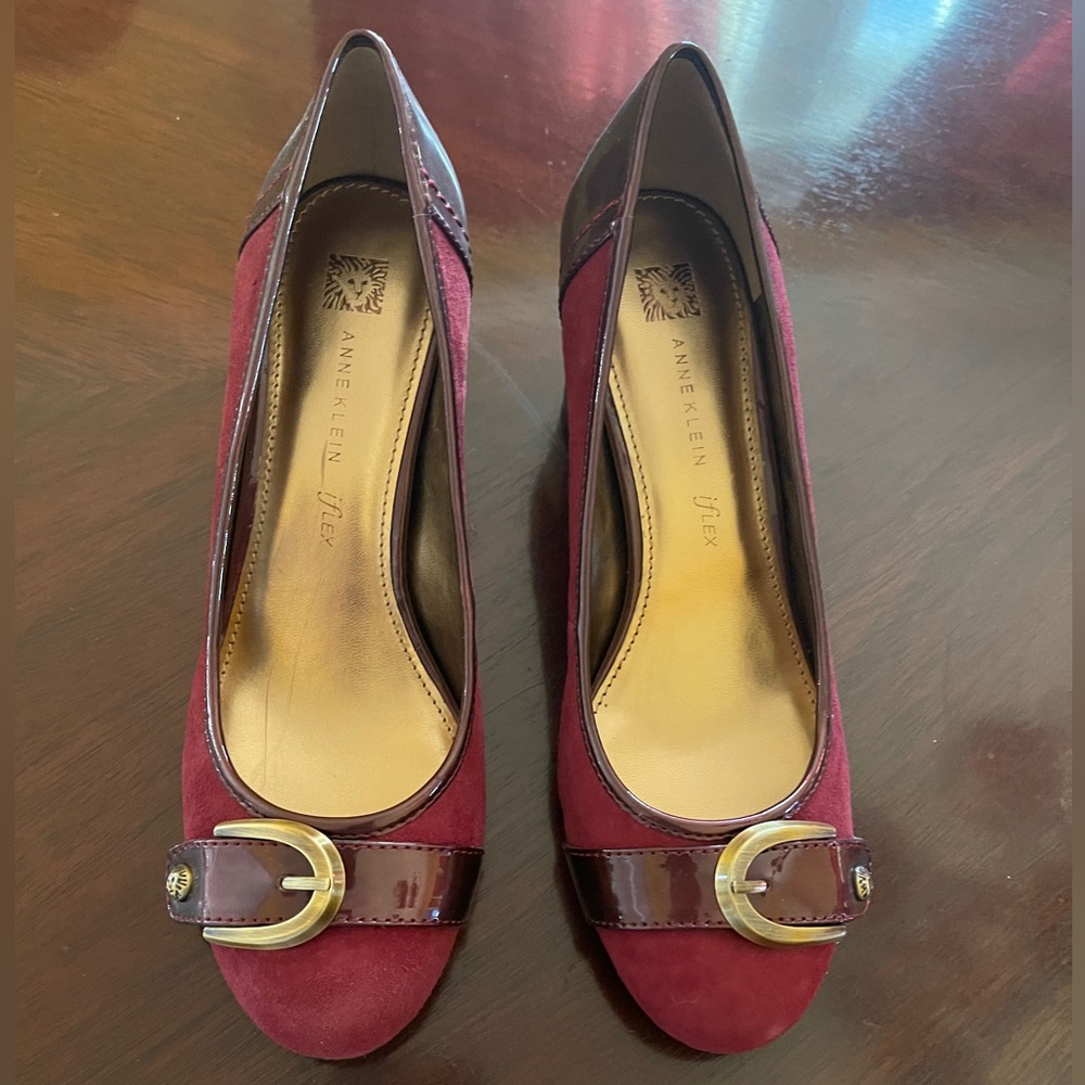 Anne Klein Block Heel - Burgundy Suede & Patten Leather Woman’s Shoes NEW